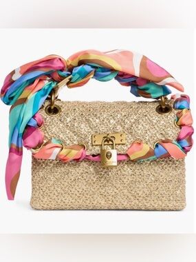 Kurt Geiger Gold Straw Shoulder Bag with Multicolor Scarf Wrap nwt & Dustbag